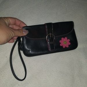 Black flowered coach wristlet leather